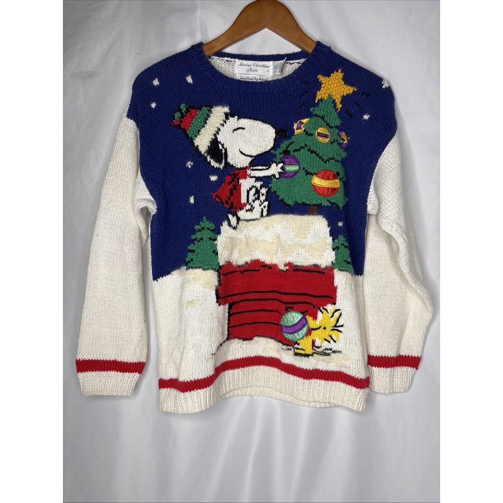 Vintage Marisa Christina PM Peanuts Snoopy Hand Knitted CHRISTMAS‎ Sweater
